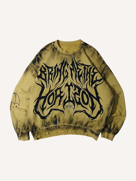 Fashionable knitted sweatshirt with distressed cursive