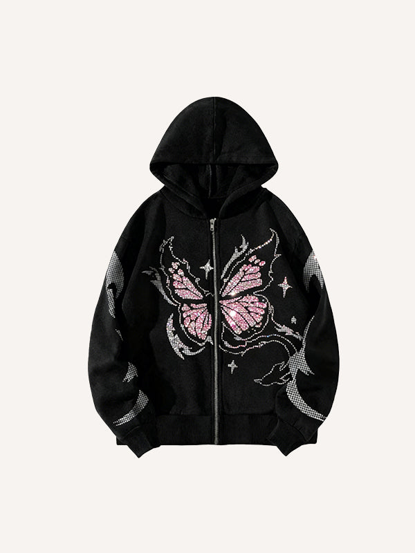 Rhinestone Butterfly Print Y2K Hoodie