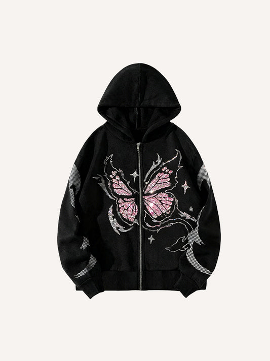 Rhinestone Butterfly Print Y2K Hoodie