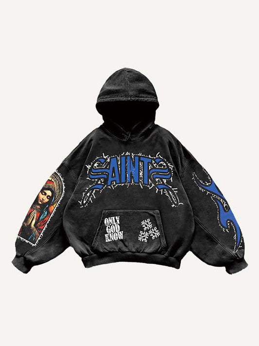 Figure Pray Letter Graphic Faux Decal Print Slant Pockets Hoodie