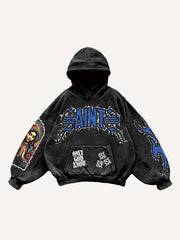 Figure Pray Letter Graphic Faux Decal Print Slant Pockets Hoodie