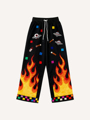 Passionate Classic Skull Print Maple Leaf Burning Y2K Trousers