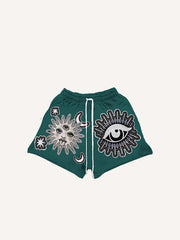 Sun&Moon&Eye&Star Faux Decal Print Drawstring Waist Shorts