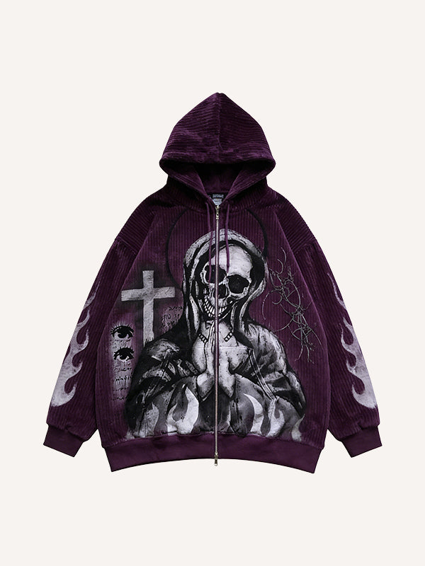 The effect is not necessarily that of a corduroy sweatshirt with a Virgin Mary print