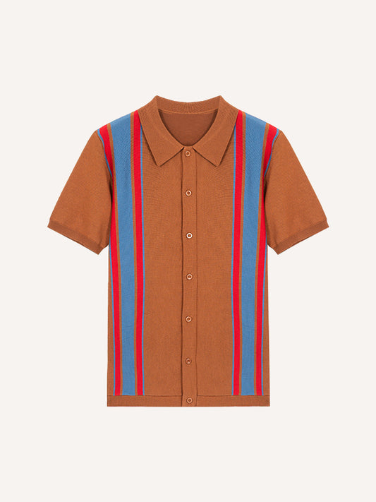 Collared cardigan striped knit sweater