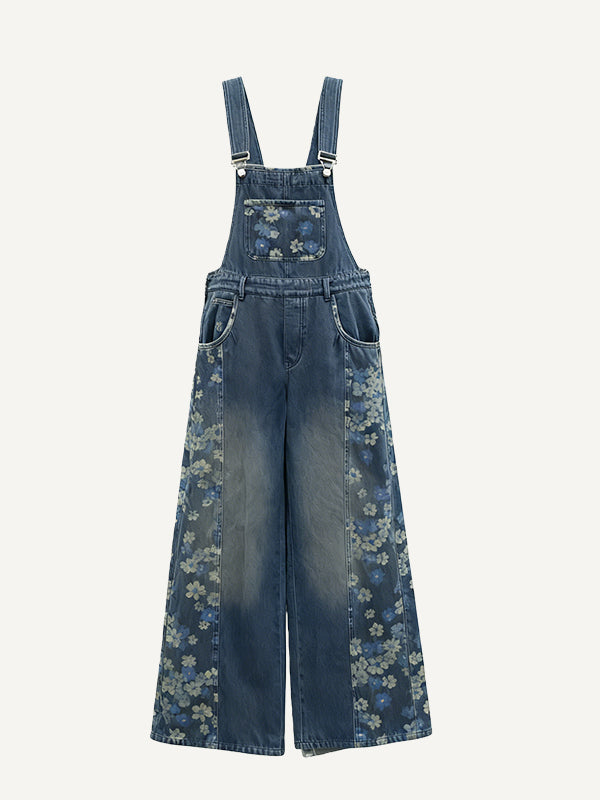 Printed Washed Pastoral Style Womens Casual Overalls