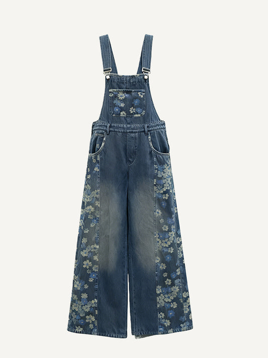 Printed Washed Pastoral Style Womens Casual Overalls