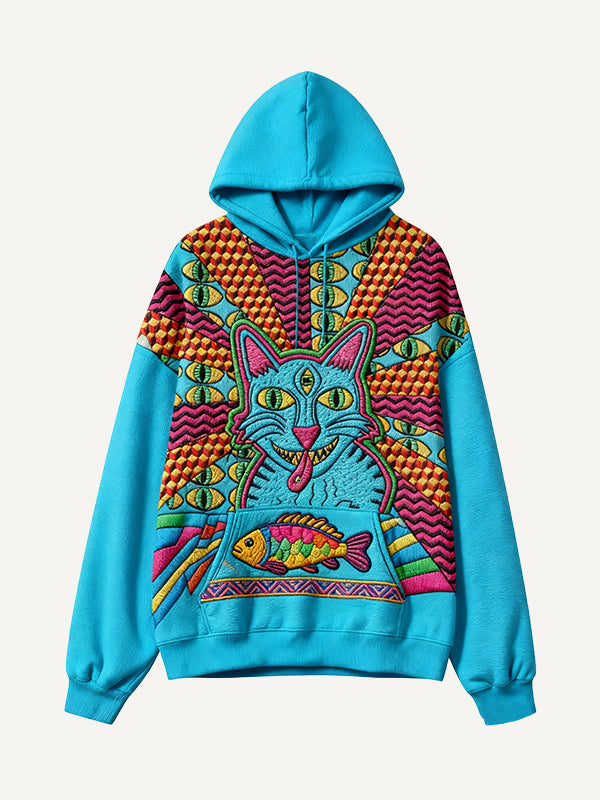Cosmic Devouring Cat and Its Fish Print Textured Sweatshirt