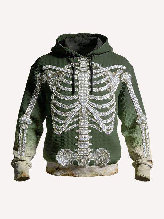 Rhinestone Skeleton Rib Cage Hoodie - Black Gothic Punk 3D Sparkly Graphic Pullover Sweatshirt