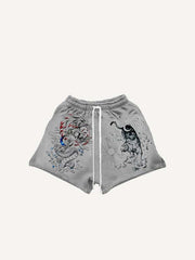 Tiger&Dragon&Phoenix&Sun&Moon Print Drawstring Waist Shorts