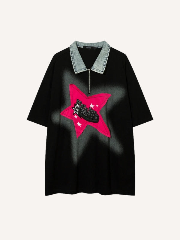 Letter Star Patches Denim Lapel Polo T-shirt