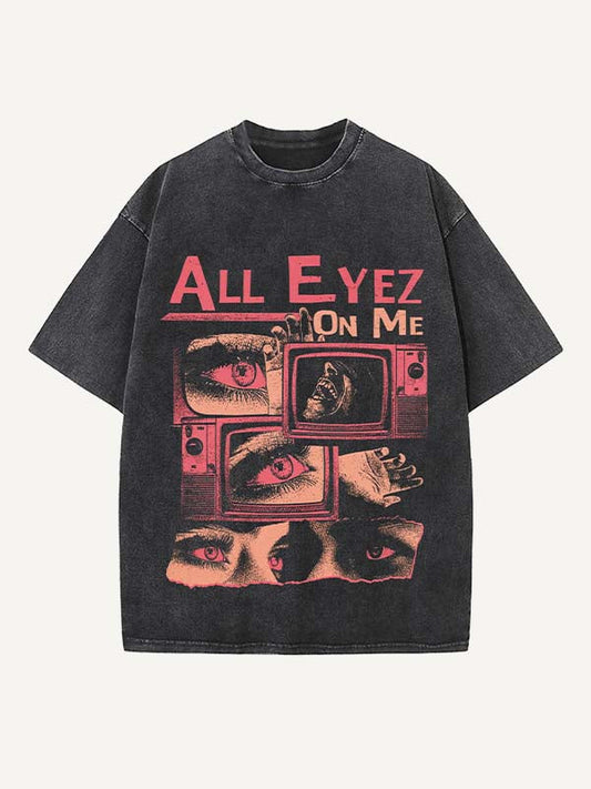 Distressed Washed Figure&Eye&Letter Print Round Neck T-shirt