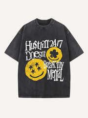 Distressed Washed Smiley Face&Graphic&Letter Print Round Neck T-shirt