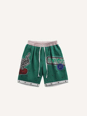 Gesture&Heart&Letter Faux Decal Print Drawstring Waist Shorts