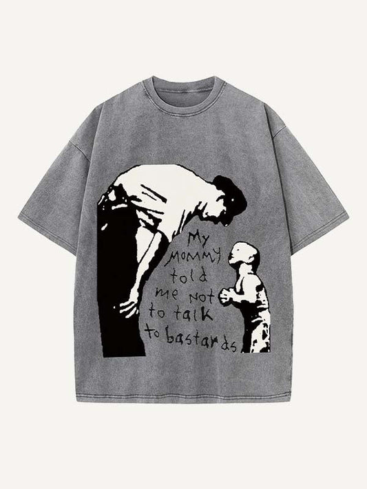 Distressed Washed Figure&Letter Print Round Neck T-shirt