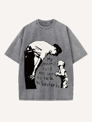 Distressed Washed Figure&Letter Print Round Neck T-shirt
