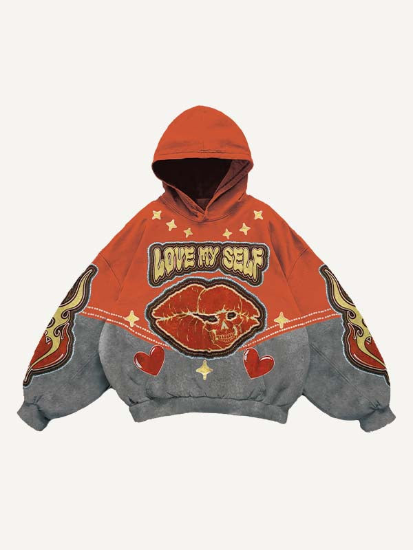 Colorblock Lips Fire Heart Letter Faux Decal Print Slant Pockets Hoodie