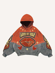 Colorblock Lips Fire Heart Letter Faux Decal Print Slant Pockets Hoodie