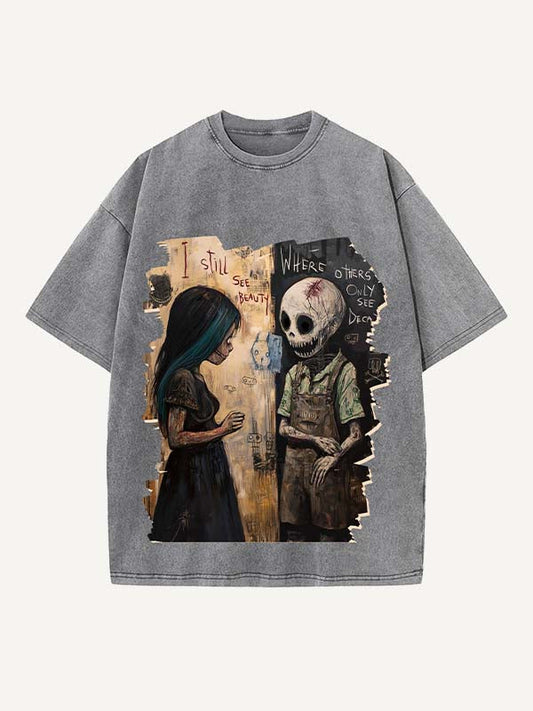 Distressed Washed Figure&Skeleton&Graphic&Letter Print Round Neck T-shirt
