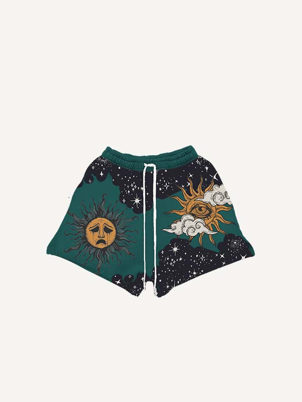 Sad Sun&Eye&Cloud&Graphic Print Drawstring Waist Shorts