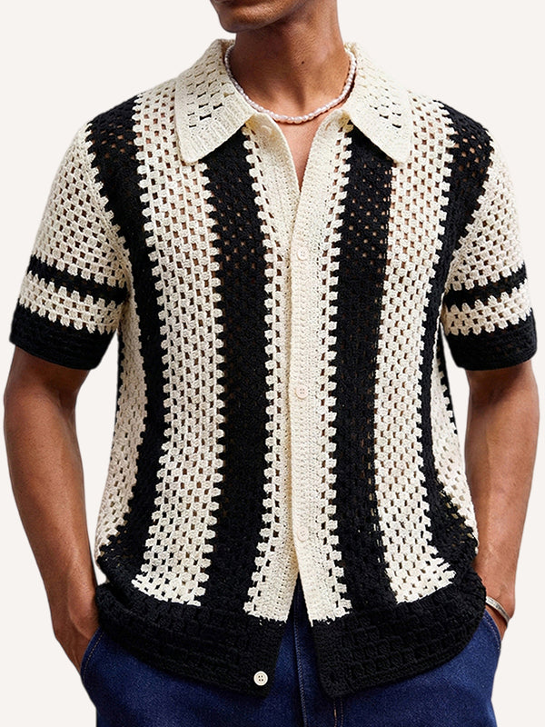 Black & White Solid Color Knitted Lapel Casual Shirt for Summer, Real Shot