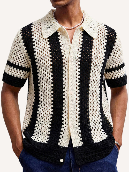 Black & White Solid Color Knitted Lapel Casual Shirt for Summer, Real Shot