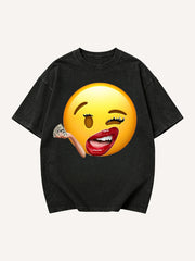 Men's Winking Kissy Emoji with Cigarette Graphic Short Sleeve T-Shirt