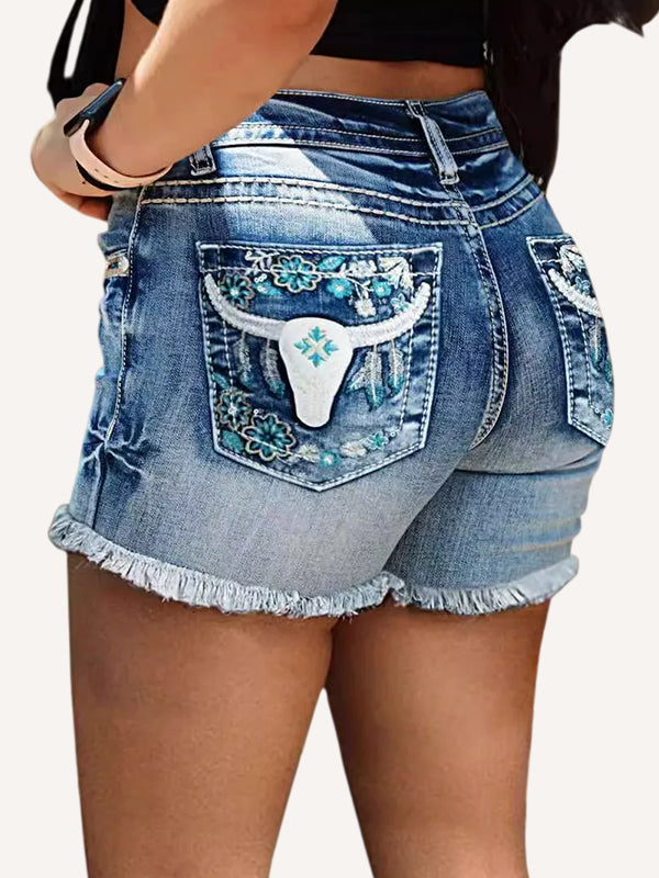 Denim Embroidered Wing Decor Sexy Short Jeans