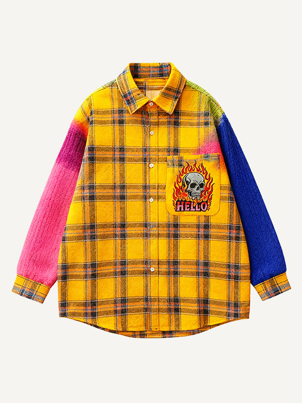 Gradient checkered double-sleeved red and blue matching hellfire skull shirt