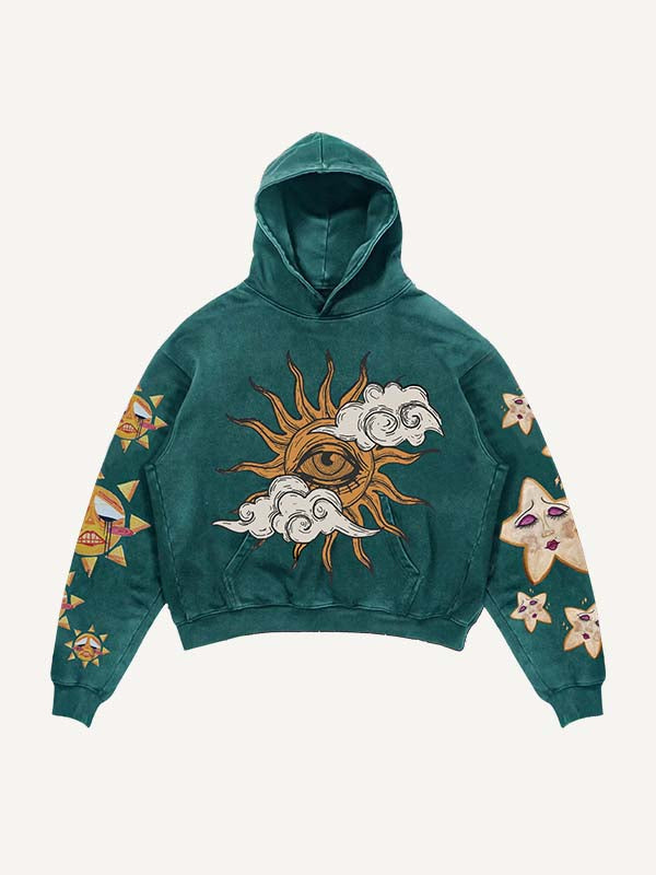 Sad Sun&Eye&Cloud&Graphic Print Slant Pockets Hoodie