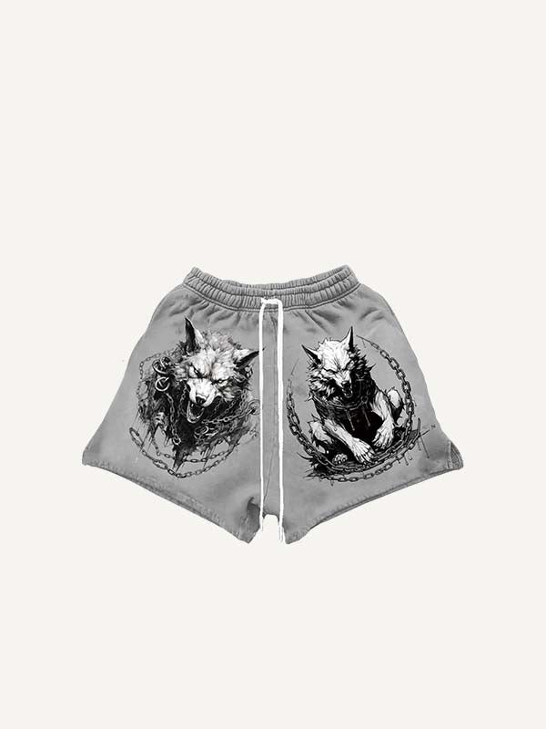 Wolf Print Drawstring Waist Shorts