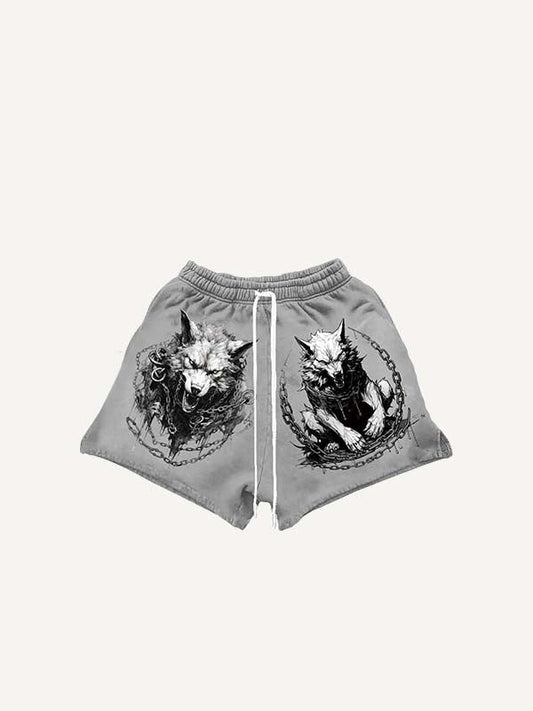 Wolf Print Drawstring Waist Shorts