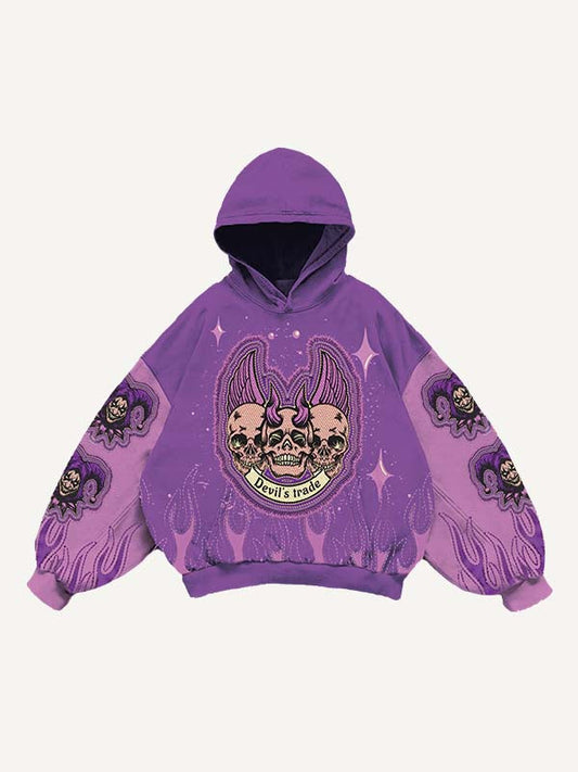 Colorblock Clown Skeleton Wing Graphic Faux Decal Print Slant Pockets Hoodie
