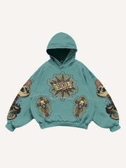 Cross Skull Gesture Letter Faux Decal Print Slant Pockets Hoodie