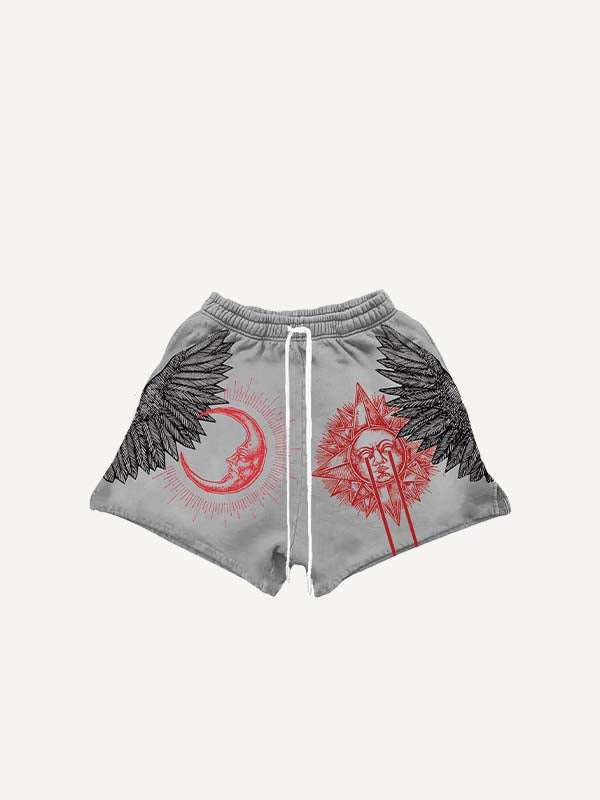 Sun&Moon&Wing&Eye&Palm Print Drawstring Waist Shorts