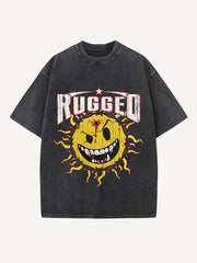 Distressed Washed Evil Sun&Letter Print Round Neck T-shirt