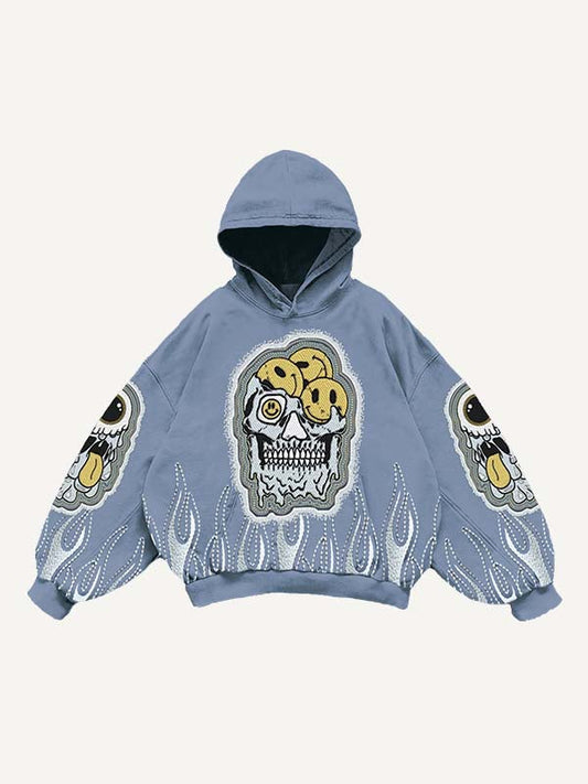 Eyeball Skull Smiley Face Faux Decal Print Slant Pockets Hoodie