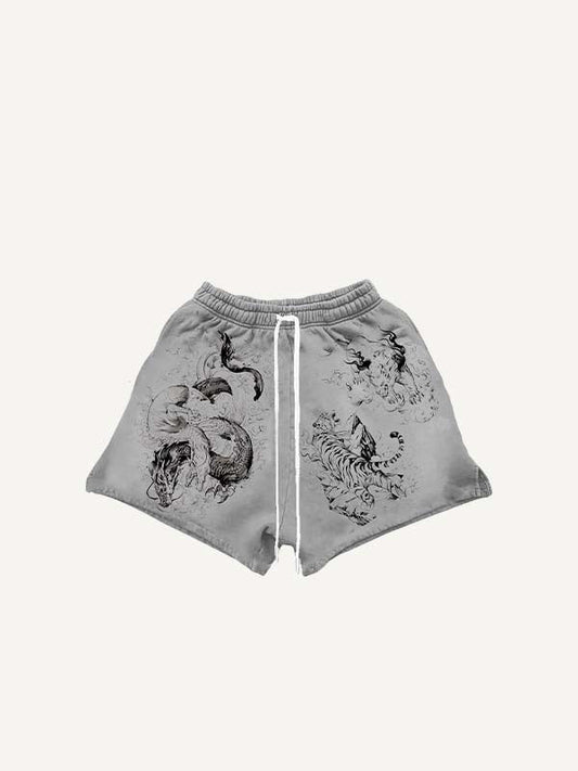 Tiger&Dragon&Animal Print Drawstring Waist Shorts