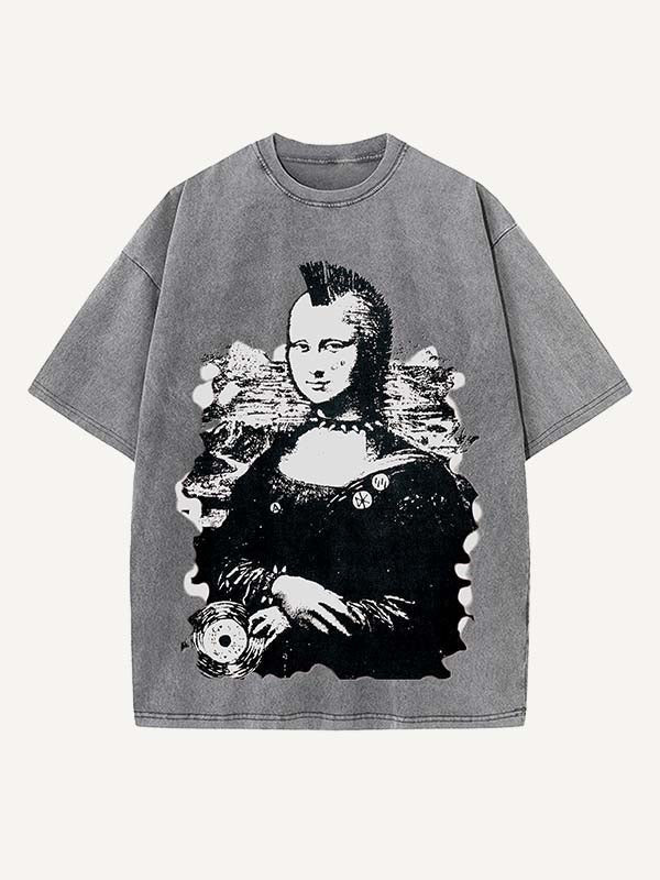 Distressed Washed Figure Print Round Neck T-shirt