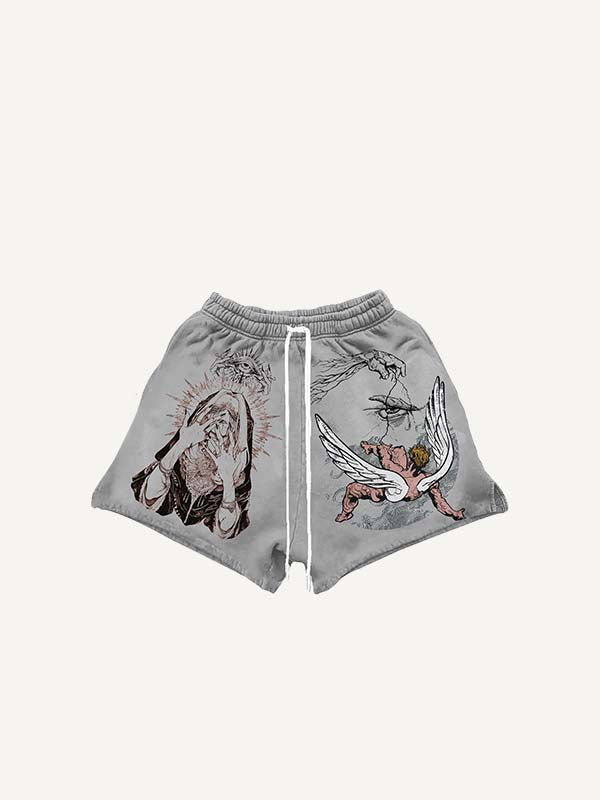 Figure&Wing&Eye&Graphic Print Drawstring Waist Shorts