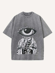 Distressed Washed Figure&Eye&Fire&Graphic Print Round Neck T-shirt