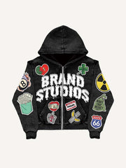 Heart&Skeleton&Graphic&Letter Faux Decal Print Zip Up Hooded Coat