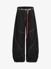 Denim Retro Belt Detail With Patchwork Barrel Jeans - 2490