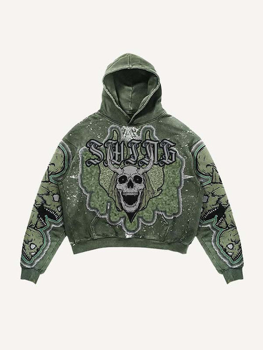 Skull Faux Decal Print Slant Pockets Hoodie
