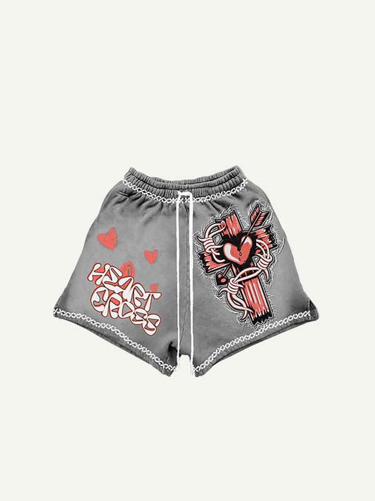 Heart&Cross&Letter Faux Decal Print Drawstring Waist Shorts