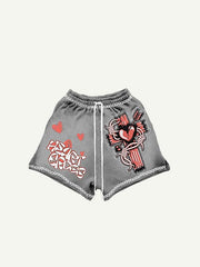 Heart&Cross&Letter Faux Decal Print Drawstring Waist Shorts