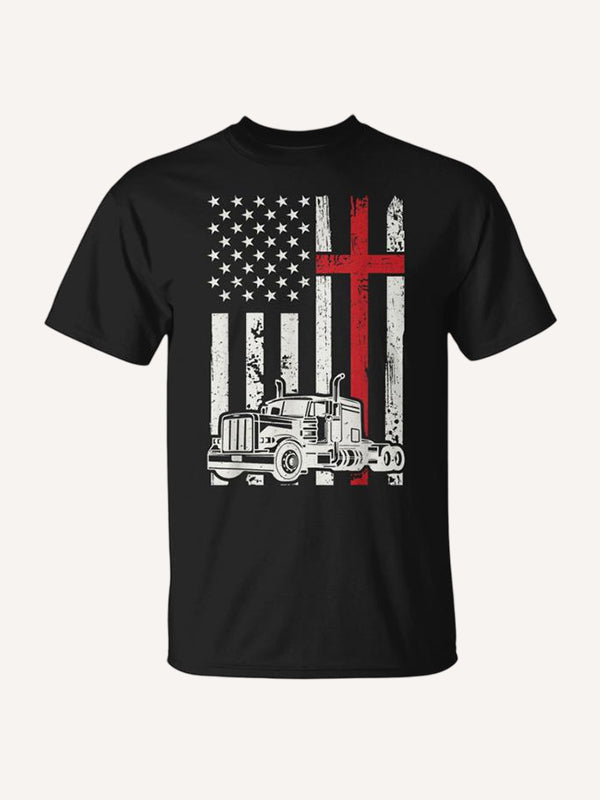 Semi Truck American Flag Christian Truck Driver Patriotic T-Shirt