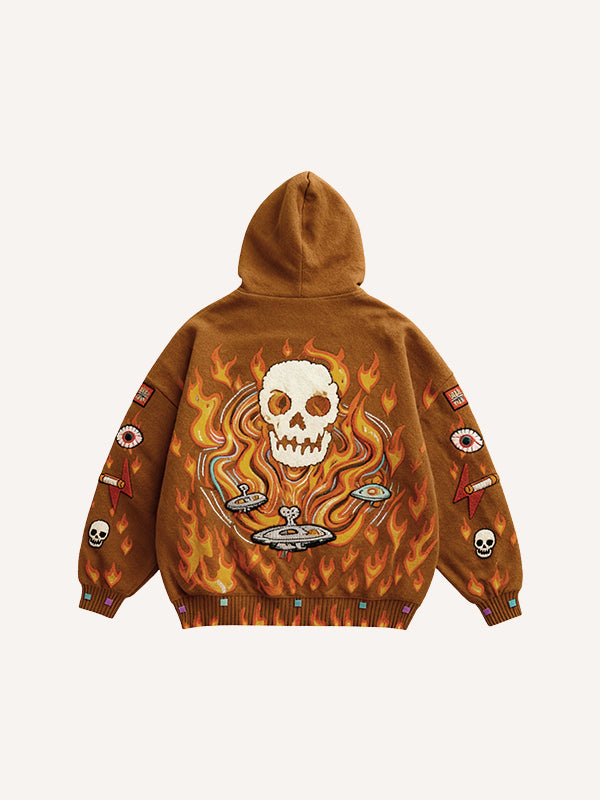 Passionate Classic Skull Print Maple Leaf Burning Y2K Hoodie