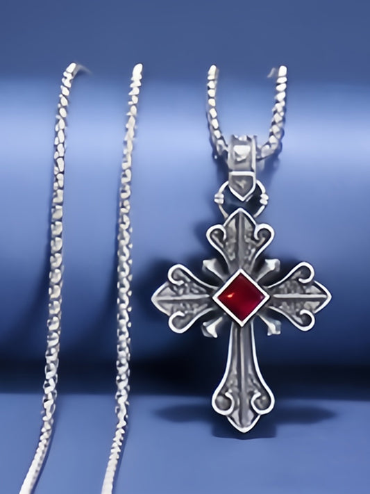 Ruby Cross Jesus Bless Me Metal Necklace