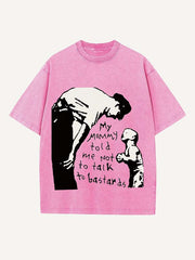 Distressed Washed Figure&Letter Print Round Neck T-shirt